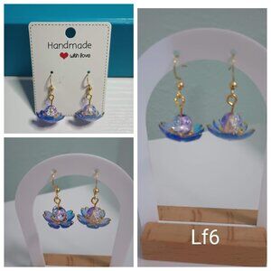Lotus Flower Earrings Blue Purple Gold Petals with Crackle Glass Beads